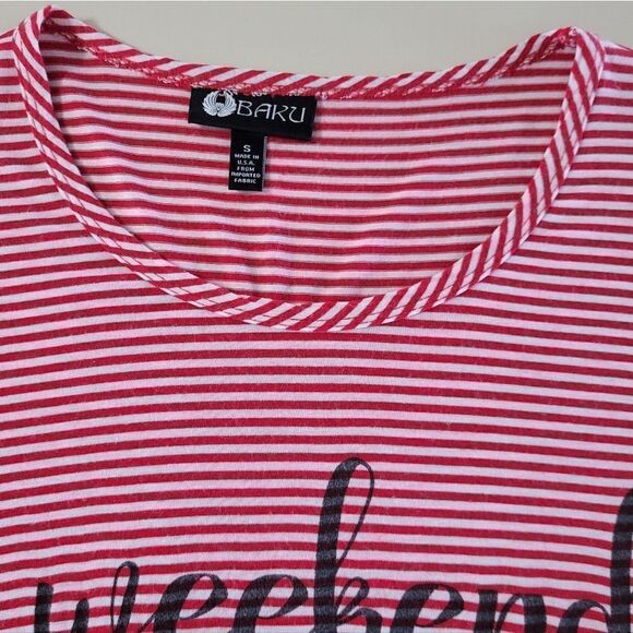 Baku Women's Red Stripe Scoop-neck Graphic Weekend Short Sleeve Pullover Top - Picture 6 of 12